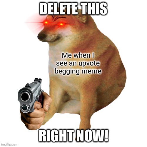 I hate upvote beggers | Me when I see an upvote begging meme | image tagged in cheems delete this right now,never gonna give you up,never gonna let you down,never gonna run around,and desert you | made w/ Imgflip meme maker