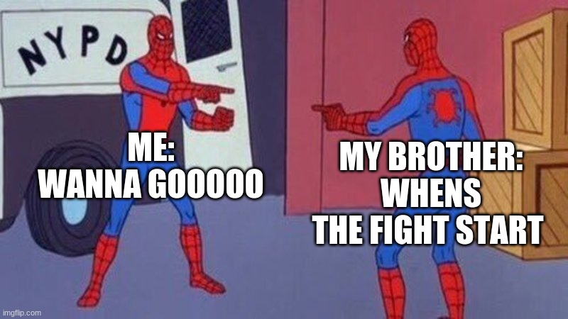 spiderman pointing at spiderman | ME: WANNA GOOOOO; MY BROTHER: WHENS THE FIGHT START | image tagged in spiderman pointing at spiderman | made w/ Imgflip meme maker