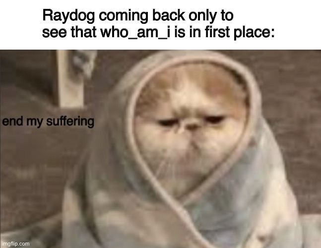 end my suffering | Raydog coming back only to see that who_am_i is in first place: | image tagged in end my suffering | made w/ Imgflip meme maker