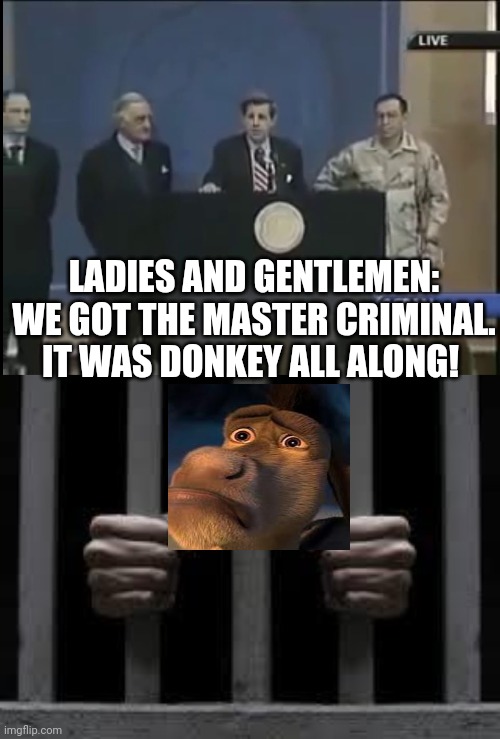 LADIES AND GENTLEMEN: WE GOT THE MASTER CRIMINAL. IT WAS DONKEY ALL ALONG! | image tagged in ladies and gentleman we got him,jail | made w/ Imgflip meme maker