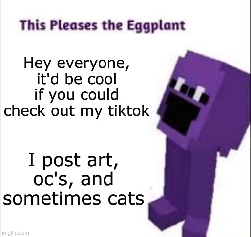 I'm @troublefoxxo , btw | Hey everyone, it'd be cool if you could check out my tiktok; I post art, oc's, and sometimes cats | image tagged in this pleases the eggplant,tiktok,follow | made w/ Imgflip meme maker