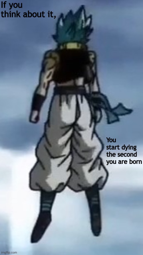 Gogeta? | If you think about it, You start dying the second you are born | image tagged in gogeta | made w/ Imgflip meme maker