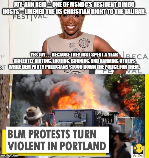 Is it actually possible for either MSNBC or CNN hosts to get . . . dumber? | JOY-ANN REID -- ONE OF MSNBC'S RESIDENT BIMBO HOSTS -- LIKENED THE US CHRISTIAN RIGHT TO THE TALIBAN. YES JOY . . . BECAUSE THEY JUST SPENT A YEAR VIOLENTLY RIOTING, LOOTING, BURNING, AND HARMING OTHERS WHILE DEM PARTY POLITCIANS STOOD DOWN THE POLICE FOR THEM. | image tagged in msnbc,cnn,leftists,violent,dumb | made w/ Imgflip meme maker