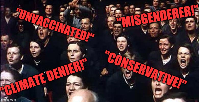 The good guys politely letting you know how wrong you are. | "MISGENDERER!"; "UNVACCINATED!"; "CLIMATE DENIER!"; "CONSERVATIVE!" | image tagged in two minutes hate,angry mob,leftists,social media,psychopath,idiots | made w/ Imgflip meme maker