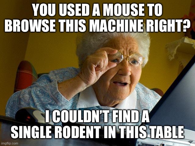 Eep.. | YOU USED A MOUSE TO BROWSE THIS MACHINE RIGHT? I COULDN’T FIND A SINGLE RODENT IN THIS TABLE | image tagged in memes,grandma finds the internet | made w/ Imgflip meme maker