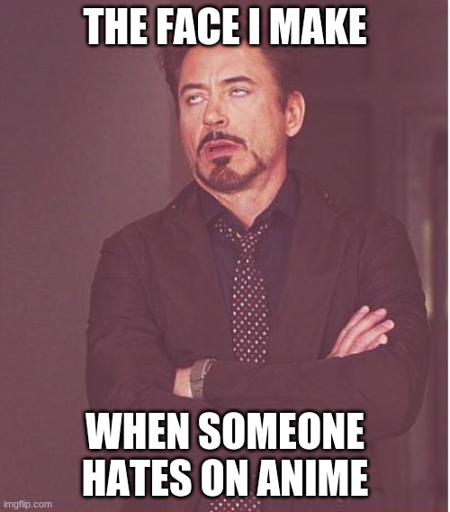Face You Make Robert Downey Jr Meme | THE FACE I MAKE; WHEN SOMEONE HATES ON ANIME | image tagged in memes,face you make robert downey jr | made w/ Imgflip meme maker