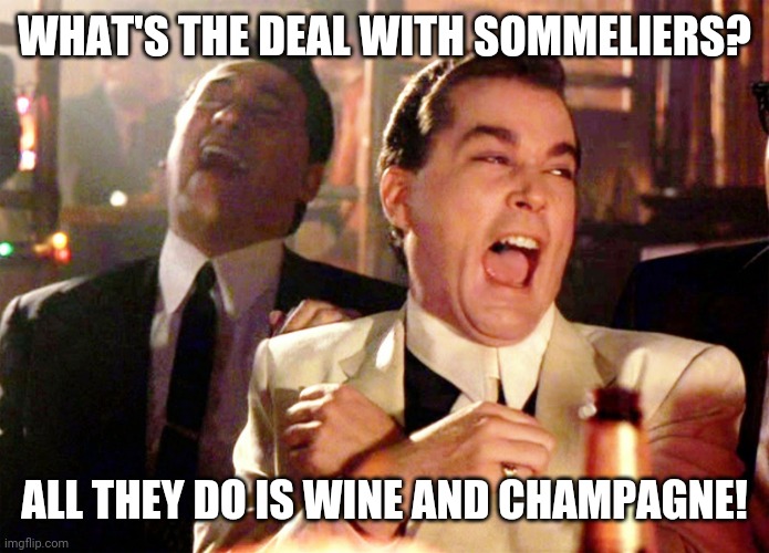 Whine and cheese | WHAT'S THE DEAL WITH SOMMELIERS? ALL THEY DO IS WINE AND CHAMPAGNE! | image tagged in memes,good fellas hilarious | made w/ Imgflip meme maker