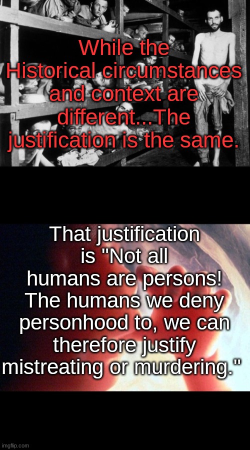 A genocide 5-7 times greater, that has been happening 12 times longer has still not been identified by the public as one. | While the Historical circumstances and context are different...The justification is the same. That justification is "Not all humans are persons! The humans we deny personhood to, we can therefore justify mistreating or murdering." | image tagged in holocaust,abortion | made w/ Imgflip meme maker