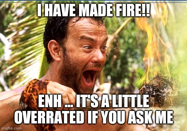 Castaway Fire |  I HAVE MADE FIRE!! ENH ... IT'S A LITTLE OVERRATED IF YOU ASK ME | image tagged in memes,castaway fire | made w/ Imgflip meme maker