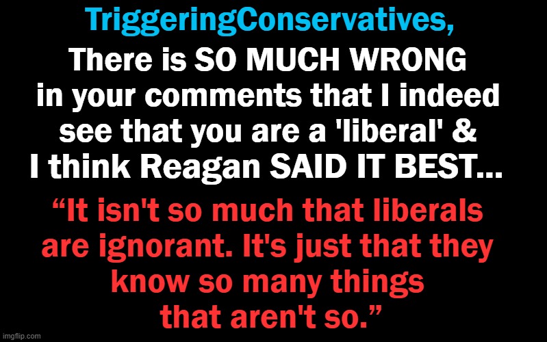 Black Color | TriggeringConservatives, There is SO MUCH WRONG
in your comments that I indeed
see that you are a 'liberal' & I think Reagan SAID IT BEST... | image tagged in black color | made w/ Imgflip meme maker