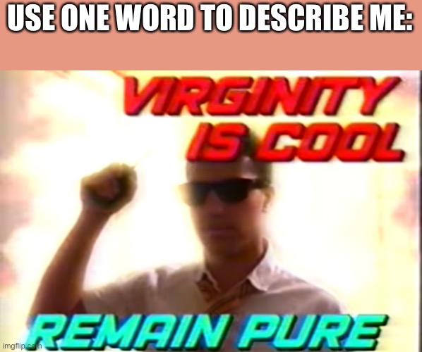 The challenge is don’t use the word weird | USE ONE WORD TO DESCRIBE ME: | image tagged in virginity is cool | made w/ Imgflip meme maker