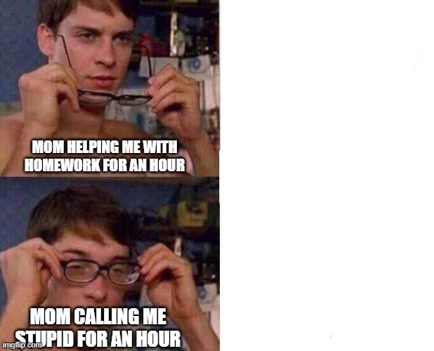 accurate | MOM HELPING ME WITH HOMEWORK FOR AN HOUR; MOM CALLING ME STUPID FOR AN HOUR | image tagged in spiderman glasses | made w/ Imgflip meme maker