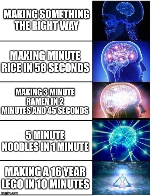 Impossible! how can it be? | MAKING SOMETHING THE RIGHT WAY; MAKING MINUTE RICE IN 58 SECONDS; MAKING 3 MINUTE RAMEN IN 2 MINUTES AND 45 SECONDS; 5 MINUTE NOODLES IN 1 MINUTE; MAKING A 16 YEAR LEGO IN 10 MINUTES | image tagged in expanding brain 5 panel,memes,relatable,superior,oh wow are you actually reading these tags,stop reading the tags | made w/ Imgflip meme maker