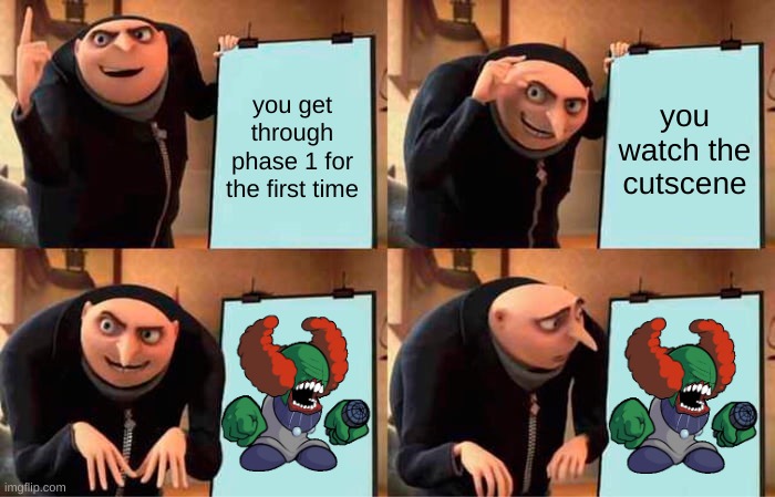 Gru's Plan Meme | you get through phase 1 for the first time; you watch the cutscene | image tagged in memes,gru's plan | made w/ Imgflip meme maker