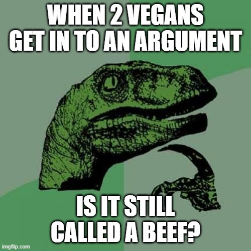 Arguing Vegans | WHEN 2 VEGANS GET IN TO AN ARGUMENT; IS IT STILL CALLED A BEEF? | image tagged in memes,philosoraptor,vegans,argument | made w/ Imgflip meme maker