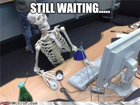 Waiting skeleton | STILL WAITING..... | image tagged in waiting skeleton | made w/ Imgflip meme maker