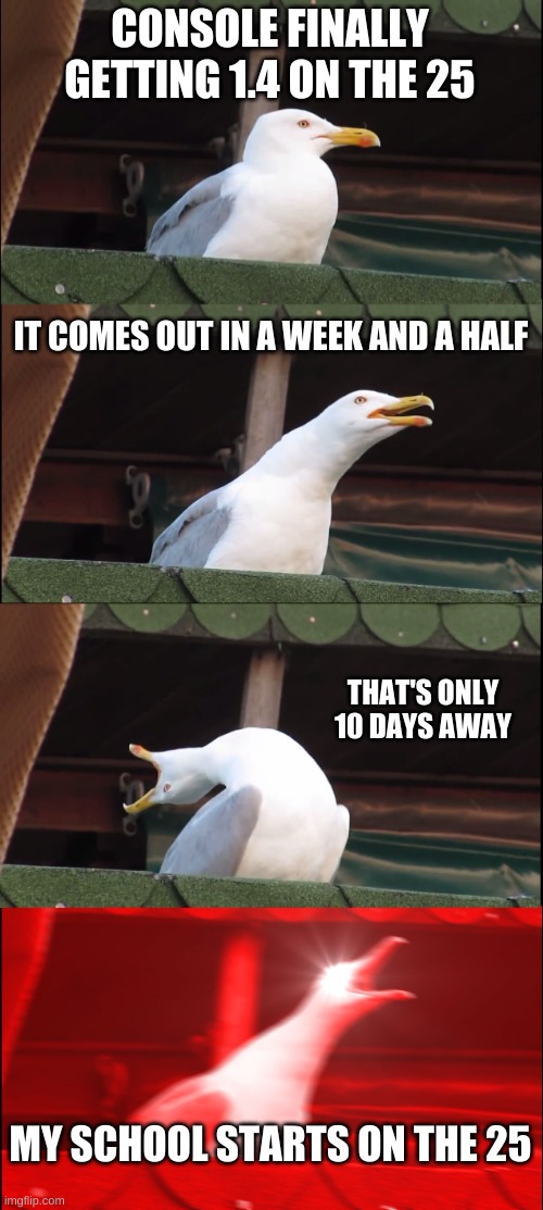 school on the 25 | CONSOLE FINALLY GETTING 1.4 ON THE 25; IT COMES OUT IN A WEEK AND A HALF; THAT'S ONLY 10 DAYS AWAY; MY SCHOOL STARTS ON THE 25 | image tagged in memes,inhaling seagull,terraria,school | made w/ Imgflip meme maker