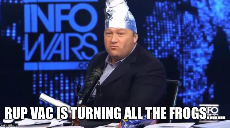 alex jones tinfoil hat | RUP VAC IS TURNING ALL THE FROGS……. | image tagged in alex jones tinfoil hat | made w/ Imgflip meme maker