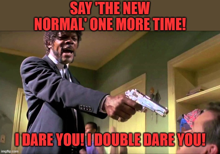 Say one more time | SAY 'THE NEW NORMAL' ONE MORE TIME! I DARE YOU! I DOUBLE DARE YOU! | image tagged in say one more time | made w/ Imgflip meme maker