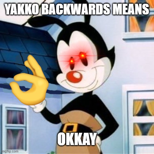 Yakko backwards | YAKKO BACKWARDS MEANS; OKKAY | image tagged in animaniacs,backwards,yakko | made w/ Imgflip meme maker