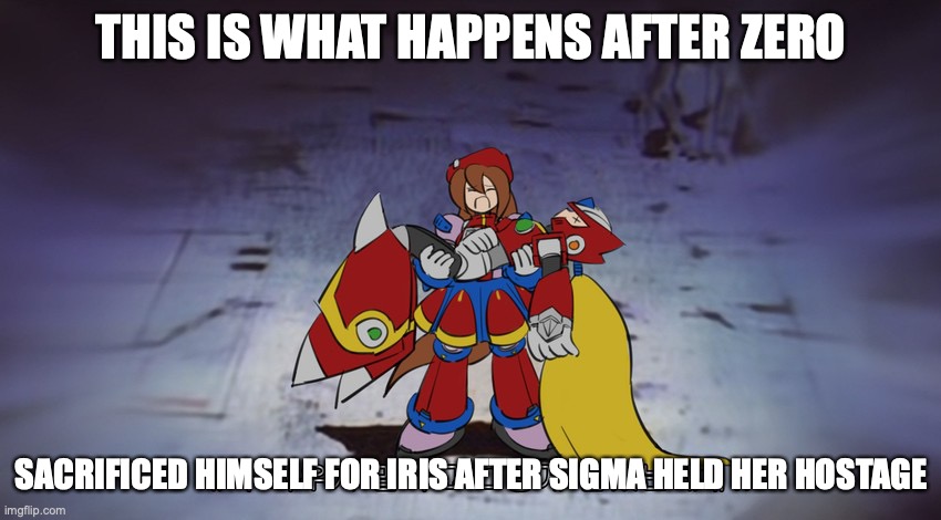 Sad Iris | THIS IS WHAT HAPPENS AFTER ZERO; SACRIFICED HIMSELF FOR IRIS AFTER SIGMA HELD HER HOSTAGE | image tagged in iris,zero,megaman,megaman x,memes | made w/ Imgflip meme maker