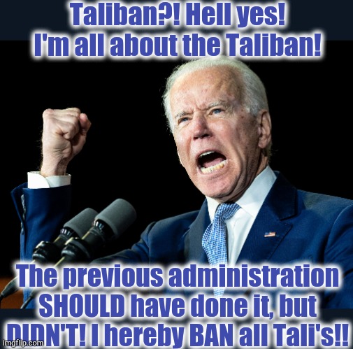 Taliban Joe | Taliban?! Hell yes! I'm all about the Taliban! The previous administration
SHOULD have done it, but
DIDN'T! I hereby BAN all Tali's!! | image tagged in biden,afghanistan,taliban | made w/ Imgflip meme maker