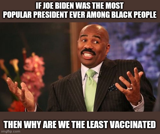 Steve Harvey | IF JOE BIDEN WAS THE MOST POPULAR PRESIDENT EVER AMONG BLACK PEOPLE; THEN WHY ARE WE THE LEAST VACCINATED | image tagged in memes,steve harvey | made w/ Imgflip meme maker