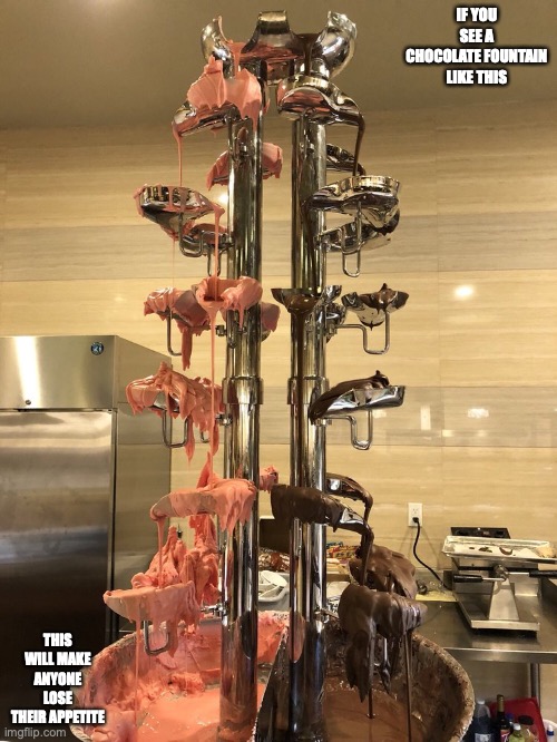 Shitty Chocolate Fountain | IF YOU SEE A CHOCOLATE FOUNTAIN LIKE THIS; THIS WILL MAKE ANYONE LOSE THEIR APPETITE | image tagged in chocolate,memes,food,restaurant | made w/ Imgflip meme maker