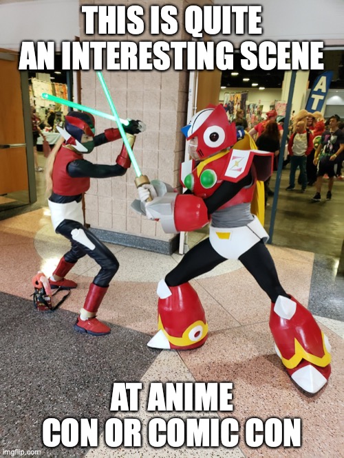 Zeros in a Battle |  THIS IS QUITE AN INTERESTING SCENE; AT ANIME CON OR COMIC CON | image tagged in megaman x,megaman zero,memes,cosplay | made w/ Imgflip meme maker