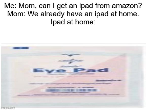 Me: Mom, can I get an ipad from amazon?
Mom: We already have an ipad at home.
Ipad at home: | image tagged in memes,funny,blank white template | made w/ Imgflip meme maker