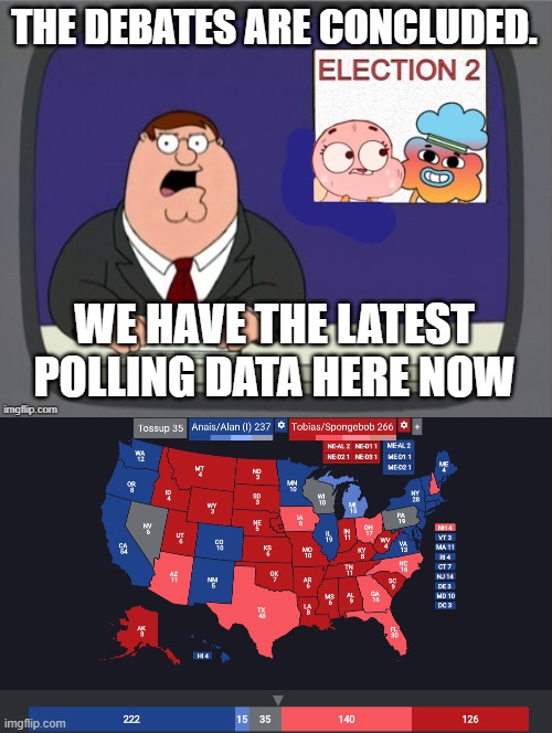 THE DEBATES ARE CONCLUDED. WE HAVE THE LATEST POLLING DATA HERE NOW | image tagged in the 2nd election | made w/ Imgflip meme maker