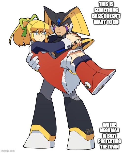 Bass Holding Roll | THIS IS SOMETHING BASS DOESN'T WANT TO DO; WHERE MEGA MAN IS BUZY PROTECTING THE TOWN | image tagged in megaman,bass,roll,memes | made w/ Imgflip meme maker