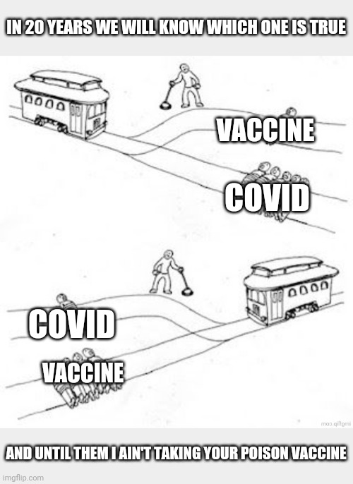 Let's wait 20 years | IN 20 YEARS WE WILL KNOW WHICH ONE IS TRUE; VACCINE; COVID; COVID; VACCINE; AND UNTIL THEM I AIN'T TAKING YOUR POISON VACCINE | image tagged in trolly problem | made w/ Imgflip meme maker