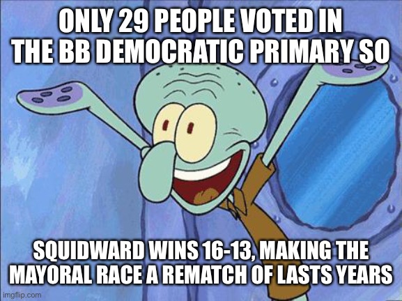 Isiwi | ONLY 29 PEOPLE VOTED IN THE BB DEMOCRATIC PRIMARY SO; SQUIDWARD WINS 16-13, MAKING THE MAYORAL RACE A REMATCH OF LASTS YEARS | image tagged in squidward-happy | made w/ Imgflip meme maker