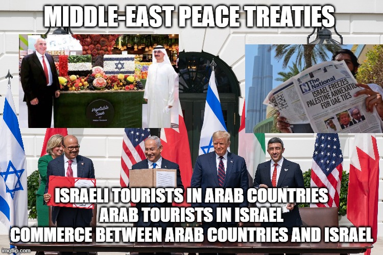 MIDDLE-EAST PEACE TREATIES ISRAELI TOURISTS IN ARAB COUNTRIES
ARAB TOURISTS IN ISRAEL
COMMERCE BETWEEN ARAB COUNTRIES AND ISRAEL | made w/ Imgflip meme maker