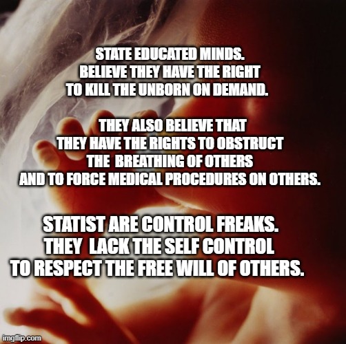 Say no to Abortion-derived vaccines | STATE EDUCATED MINDS. BELIEVE THEY HAVE THE RIGHT TO KILL THE UNBORN ON DEMAND.                                      
  THEY ALSO BELIEVE THAT THEY HAVE THE RIGHTS TO OBSTRUCT THE  BREATHING OF OTHERS AND TO FORCE MEDICAL PROCEDURES ON OTHERS. STATIST ARE CONTROL FREAKS. THEY  LACK THE SELF CONTROL TO RESPECT THE FREE WILL OF OTHERS. | image tagged in say no to abortion-derived vaccines | made w/ Imgflip meme maker