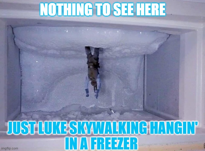 What's Luke Skywalker doing here? | NOTHING TO SEE HERE; JUST LUKE SKYWALKING HANGIN'
IN A FREEZER | image tagged in star wars,luke skywalker,freezer,nerdalert | made w/ Imgflip meme maker