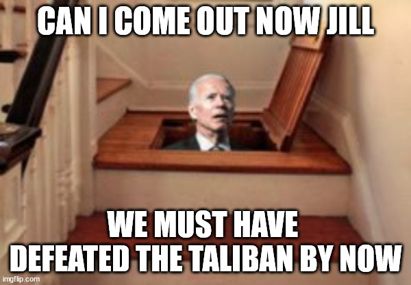 political humour | CAN I COME OUT NOW JILL; WE MUST HAVE  DEFEATED THE TALIBAN BY NOW | made w/ Imgflip meme maker