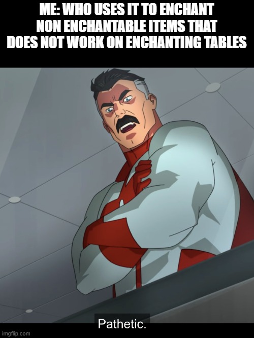 Omniman Pathetic | ME: WHO USES IT TO ENCHANT NON ENCHANTABLE ITEMS THAT DOES NOT WORK ON ENCHANTING TABLES | image tagged in omniman pathetic | made w/ Imgflip meme maker