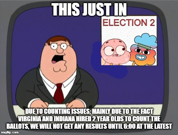 The 2nd Election | THIS JUST IN; DUE TO COUNTING ISSUES, MAINLY DUE TO THE FACT VIRGINIA AND INDIANA HIRED 2 YEAR OLDS TO COUNT THE BALLOTS, WE WILL NOT GET ANY RESULTS UNTIL 6:00 AT THE LATEST | image tagged in the 2nd election | made w/ Imgflip meme maker