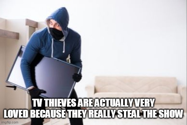 TV THIEVES ARE ACTUALLY VERY LOVED BECAUSE THEY REALLY STEAL THE SHOW | image tagged in stealing,thieves,shows,tv,love,bad pun | made w/ Imgflip meme maker