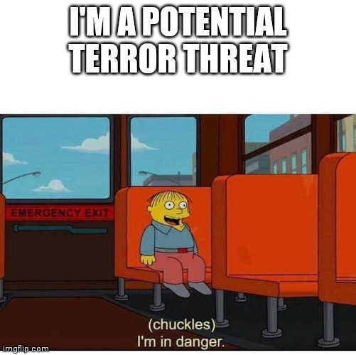 I'm in danger | I'M A POTENTIAL TERROR THREAT | image tagged in i'm in danger | made w/ Imgflip meme maker
