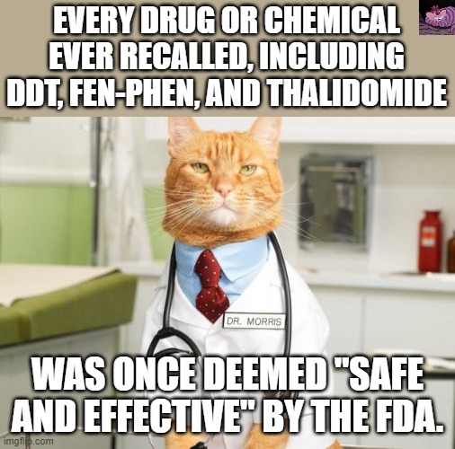 The FDA does no testing of its own but rather relies on the manufacturer to supply testing data. What could go wrong? | EVERY DRUG OR CHEMICAL EVER RECALLED, INCLUDING DDT, FEN-PHEN, AND THALIDOMIDE; WAS ONCE DEEMED "SAFE AND EFFECTIVE" BY THE FDA. | image tagged in cat doctor | made w/ Imgflip meme maker