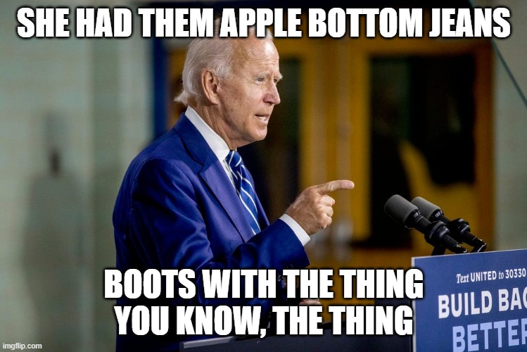 Joe Biden channeling his inner Flo Rida | SHE HAD THEM APPLE BOTTOM JEANS; BOOTS WITH THE THING
YOU KNOW, THE THING | image tagged in joe biden,flo rida,boots with the fur,apple bottom jeans,lyrics,shawty | made w/ Imgflip meme maker