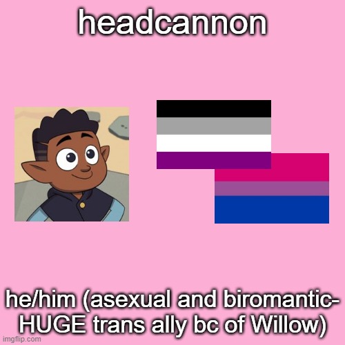 headcannon; he/him (asexual and biromantic- HUGE trans ally bc of Willow) | made w/ Imgflip meme maker