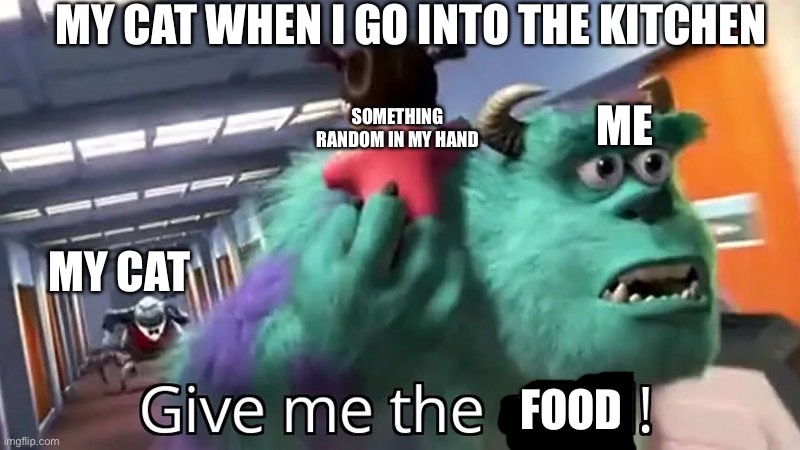 Cats be like | MY CAT WHEN I GO INTO THE KITCHEN; ME; SOMETHING RANDOM IN MY HAND; MY CAT; FOOD | image tagged in give me the child,cats | made w/ Imgflip meme maker