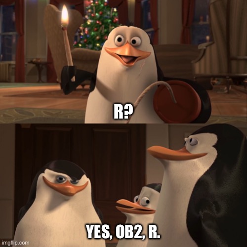 A convo I’m having currently | R? YES, OB2, R. | image tagged in madagascar penguin kaboom | made w/ Imgflip meme maker