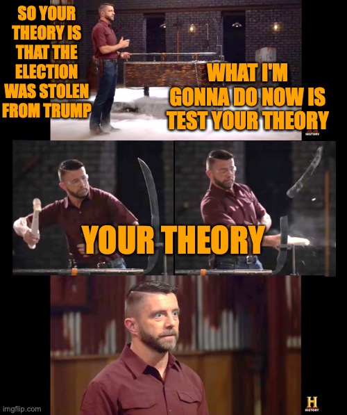 Forged In Fire Strength Testing | SO YOUR THEORY IS THAT THE ELECTION WAS STOLEN FROM TRUMP; WHAT I'M GONNA DO NOW IS TEST YOUR THEORY; YOUR THEORY | image tagged in forged in fire strength testing | made w/ Imgflip meme maker