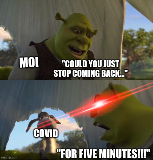 FOR FIVE MINUTES | "COULD YOU JUST STOP COMING BACK..."; MOI; COVID; "FOR FIVE MINUTES!!!" | image tagged in shrek for five minutes | made w/ Imgflip meme maker