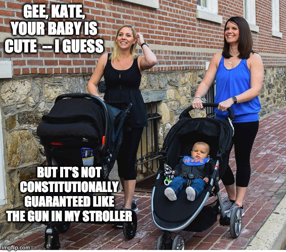 Some responses to my "Let's stop gunning down kids meme" on Politics | GEE, KATE, YOUR BABY IS CUTE  -- I GUESS; BUT IT'S NOT CONSTITUTIONALLY GUARANTEED LIKE THE GUN IN MY STROLLER | image tagged in politics,guns,ugh,kids,crazy | made w/ Imgflip meme maker